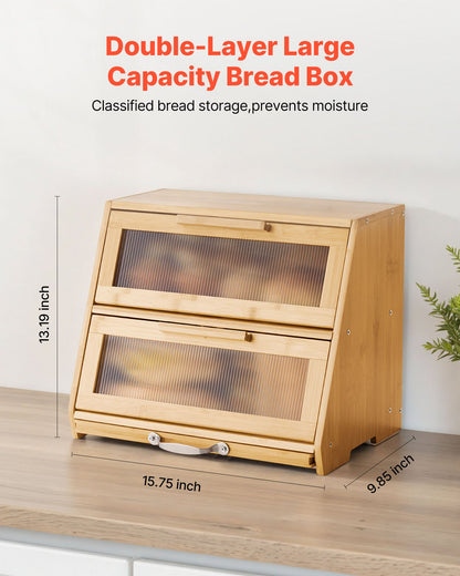 VEVOR Double Layer Bread Box for Kitchen Counter, Large Capacity Bamboo Bread Storage Container, Farmhouse Wooden Breadbox for Homemade Bread, Storage Holder Bin with Acrylic Wavy Door Panel, Natural - CWJLXZMTJXSCXHLJ0001V0 - view 3