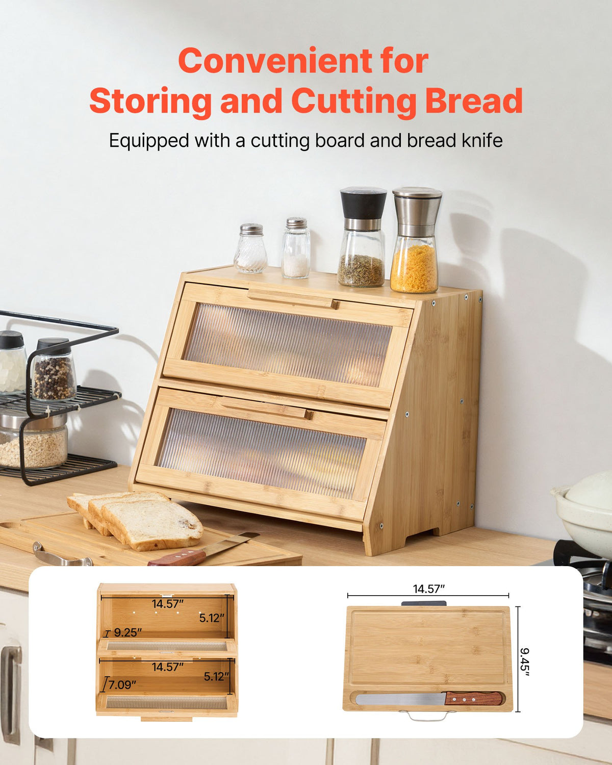 VEVOR Double Layer Bread Box for Kitchen Counter, Large Capacity Bamboo Bread Storage Container, Farmhouse Wooden Breadbox for Homemade Bread, Storage Holder Bin with Acrylic Wavy Door Panel, Natural - CWJLXZMTJXSCXHLJ0001V0 - view 4