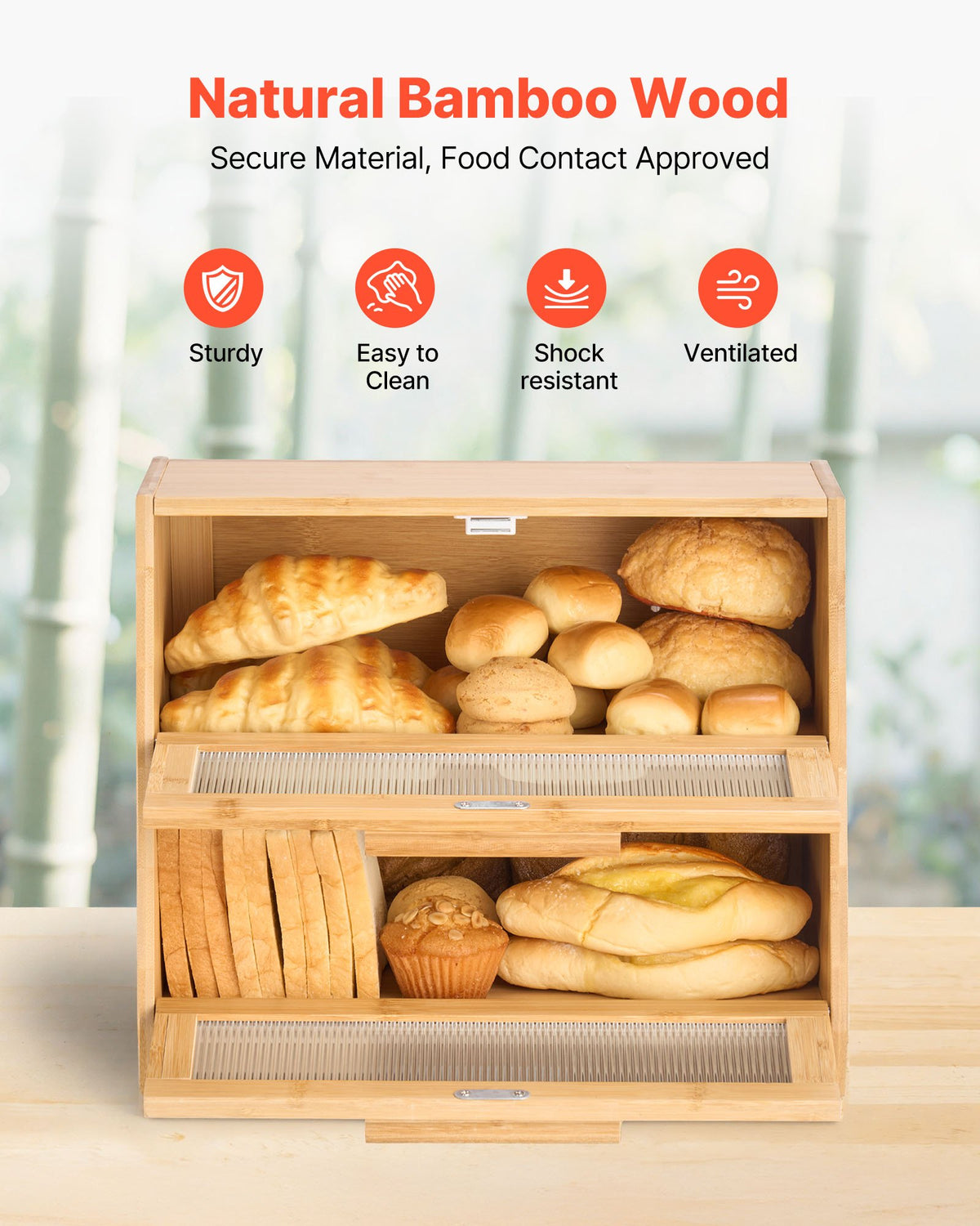 VEVOR Double Layer Bread Box for Kitchen Counter, Large Capacity Bamboo Bread Storage Container, Farmhouse Wooden Breadbox for Homemade Bread, Storage Holder Bin with Acrylic Wavy Door Panel, Natural - CWJLXZMTJXSCXHLJ0001V0 - view 5