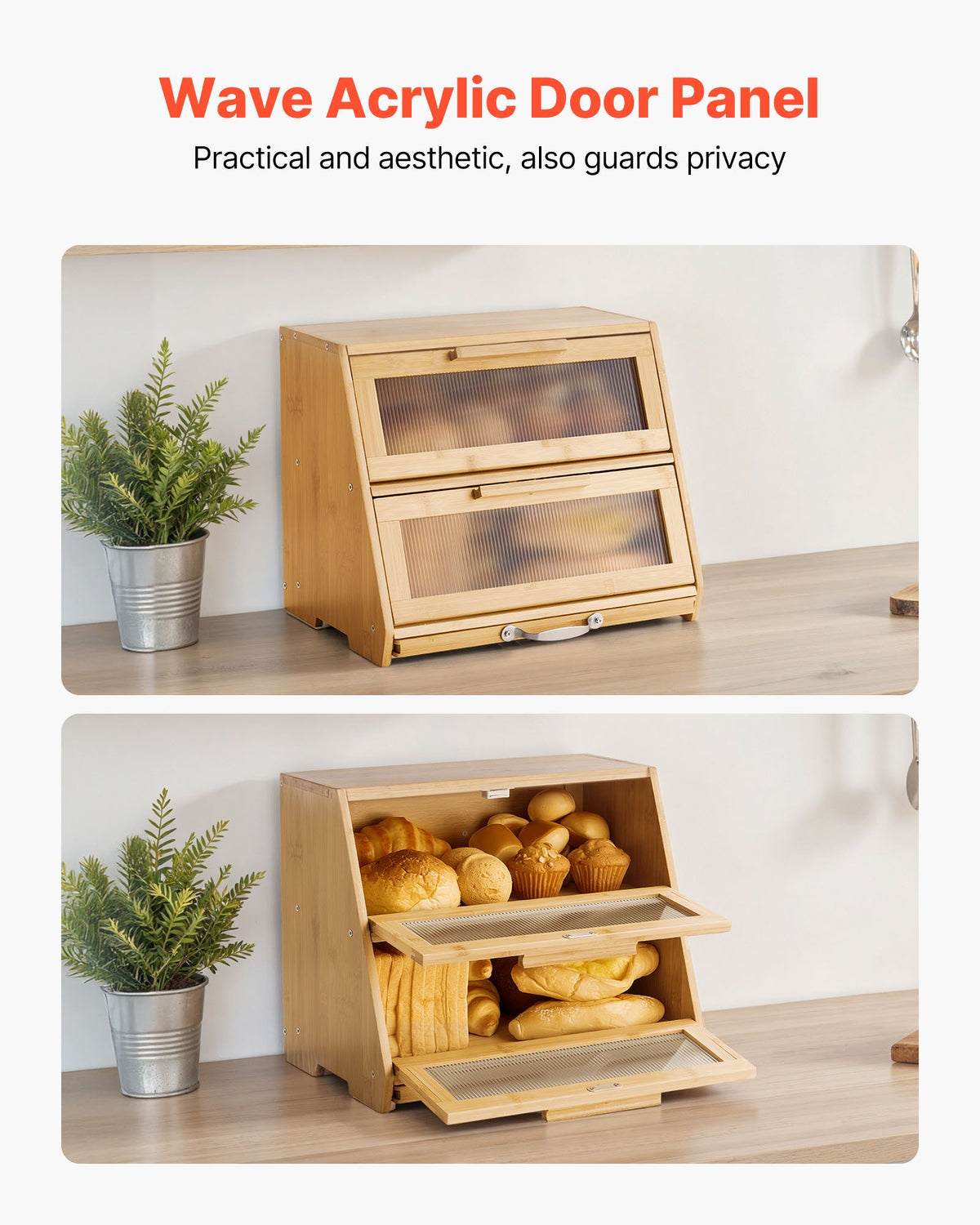 VEVOR Double Layer Bread Box for Kitchen Counter, Large Capacity Bamboo Bread Storage Container, Farmhouse Wooden Breadbox for Homemade Bread, Storage Holder Bin with Acrylic Wavy Door Panel, Natural - CWJLXZMTJXSCXHLJ0001V0 - view 6