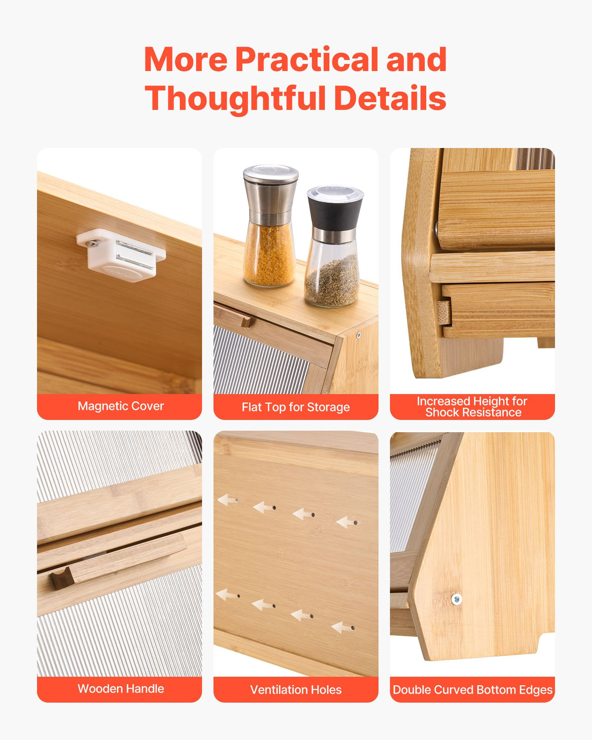 VEVOR Double Layer Bread Box for Kitchen Counter, Large Capacity Bamboo Bread Storage Container, Farmhouse Wooden Breadbox for Homemade Bread, Storage Holder Bin with Acrylic Wavy Door Panel, Natural - CWJLXZMTJXSCXHLJ0001V0 - view 7