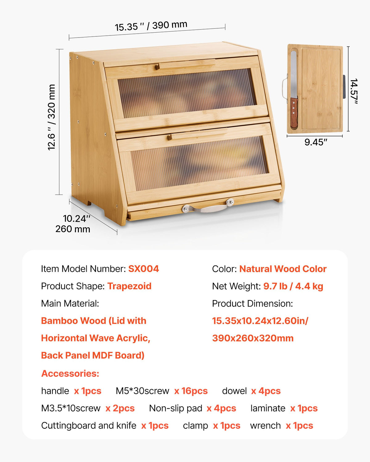 VEVOR Double Layer Bread Box for Kitchen Counter, Large Capacity Bamboo Bread Storage Container, Farmhouse Wooden Breadbox for Homemade Bread, Storage Holder Bin with Acrylic Wavy Door Panel, Natural - CWJLXZMTJXSCXHLJ0001V0 - view 8
