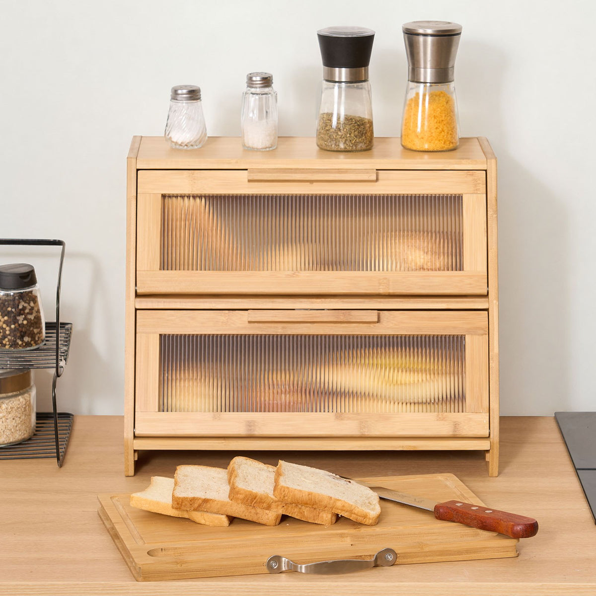 VEVOR Double Layer Bread Box for Kitchen Counter, Large Capacity Bamboo Bread Storage Container, Farmhouse Wooden Breadbox for Homemade Bread, Storage Holder Bin with Acrylic Wavy Door Panel, Natural - CWJLXZMTJXSCXHLJ0001V0 - view 9