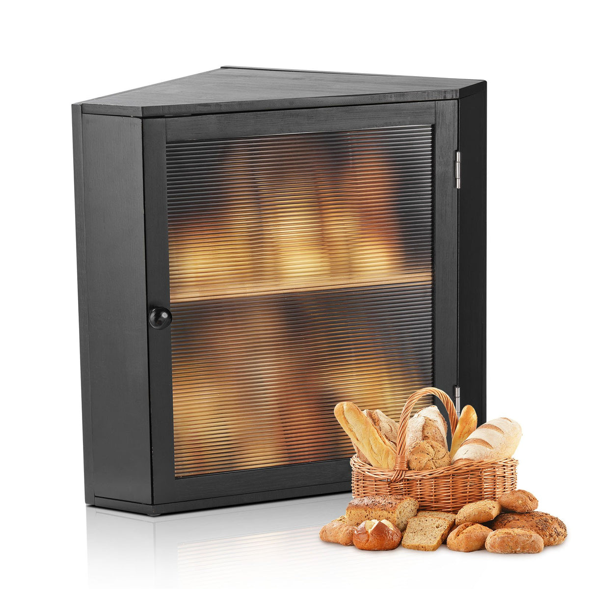 VEVOR Corner Bread Box for Kitchen Counter, Double Layer Large Capacity Bamboo Bread Storage Container, Farmhouse Wooden Breadbox for Homemade Bread, Storage Holder Bin with Acrylic Wavy Door, Black - CWJLXZMZJXSCF5ZDO001V0 - view 1