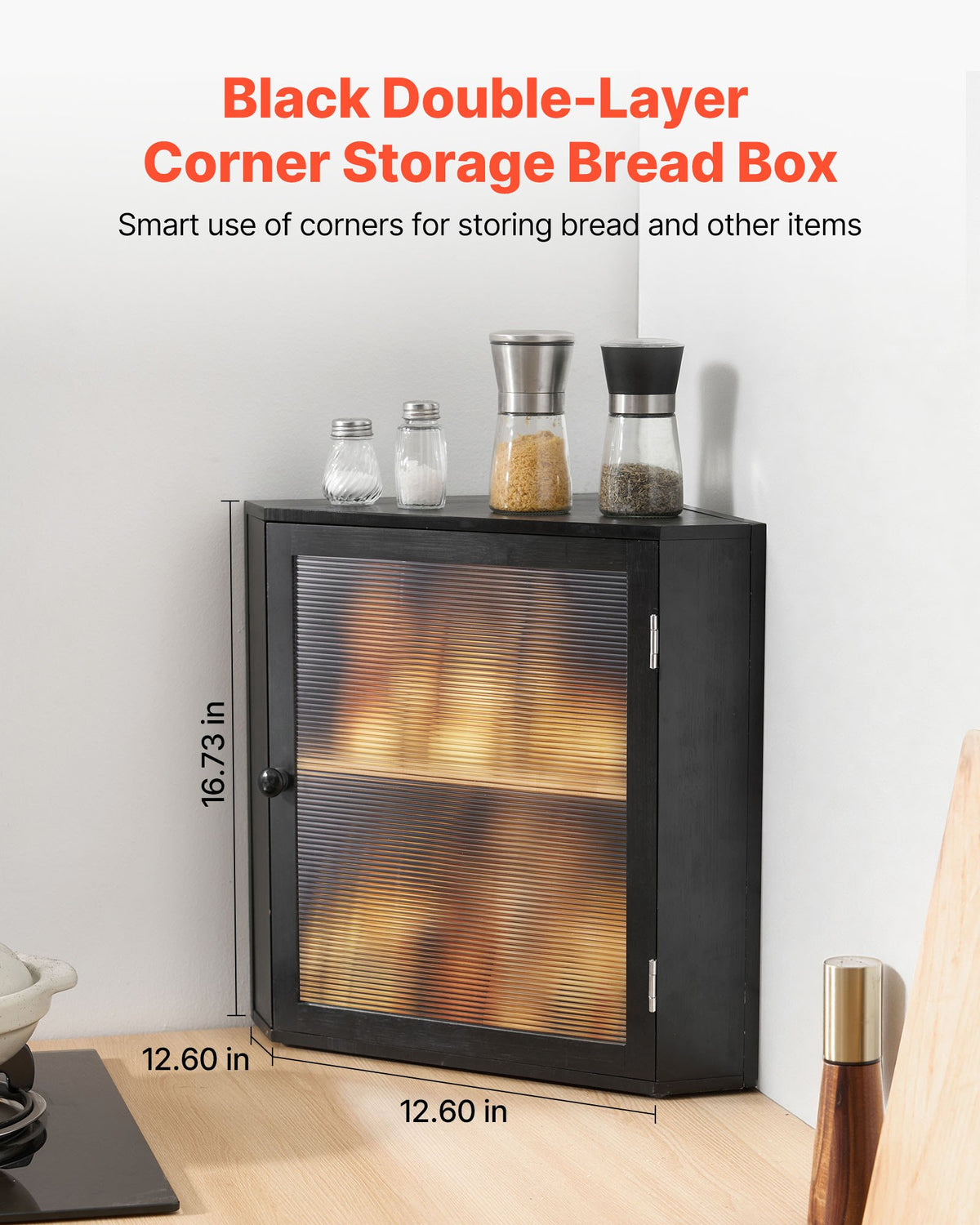 VEVOR Corner Bread Box for Kitchen Counter, Double Layer Large Capacity Bamboo Bread Storage Container, Farmhouse Wooden Breadbox for Homemade Bread, Storage Holder Bin with Acrylic Wavy Door, Black - CWJLXZMZJXSCF5ZDO001V0 - view 3