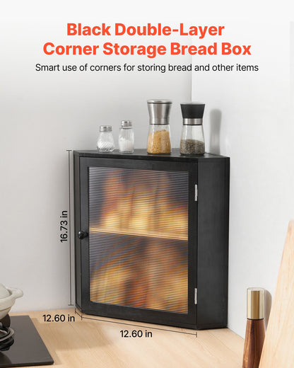 VEVOR Corner Bread Box for Kitchen Counter, Double Layer Large Capacity Bamboo Bread Storage Container, Farmhouse Wooden Breadbox for Homemade Bread, Storage Holder Bin with Acrylic Wavy Door, Black - CWJLXZMZJXSCF5ZDO001V0 - view 3