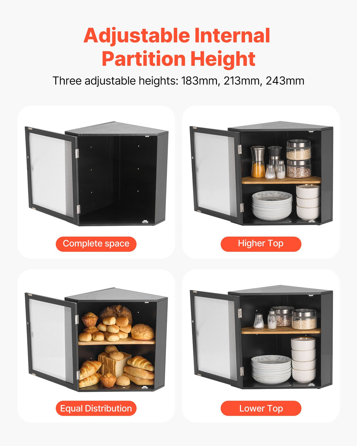 VEVOR Corner Bread Box for Kitchen Counter, Double Layer Large Capacity Bamboo Bread Storage Container, Farmhouse Wooden Breadbox for Homemade Bread, Storage Holder Bin with Acrylic Wavy Door, Black - CWJLXZMZJXSCF5ZDO001V0 - view 4