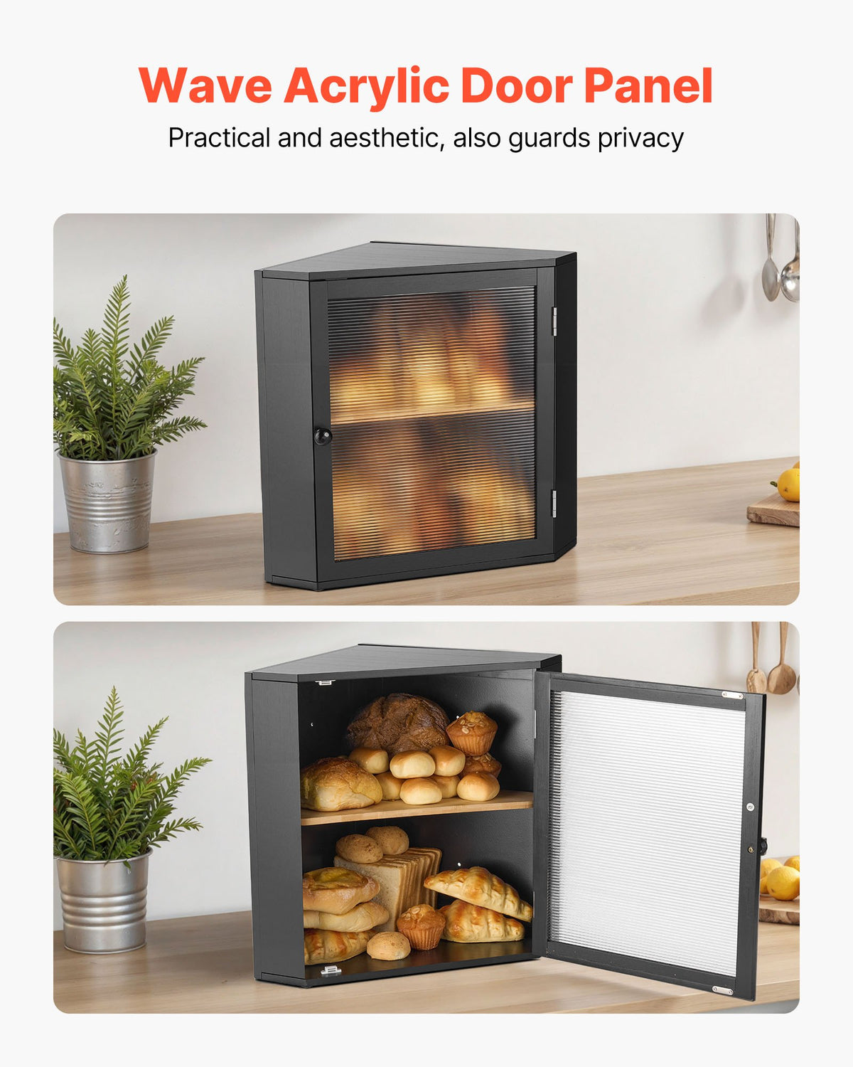 VEVOR Corner Bread Box for Kitchen Counter, Double Layer Large Capacity Bamboo Bread Storage Container, Farmhouse Wooden Breadbox for Homemade Bread, Storage Holder Bin with Acrylic Wavy Door, Black - CWJLXZMZJXSCF5ZDO001V0 - view 6