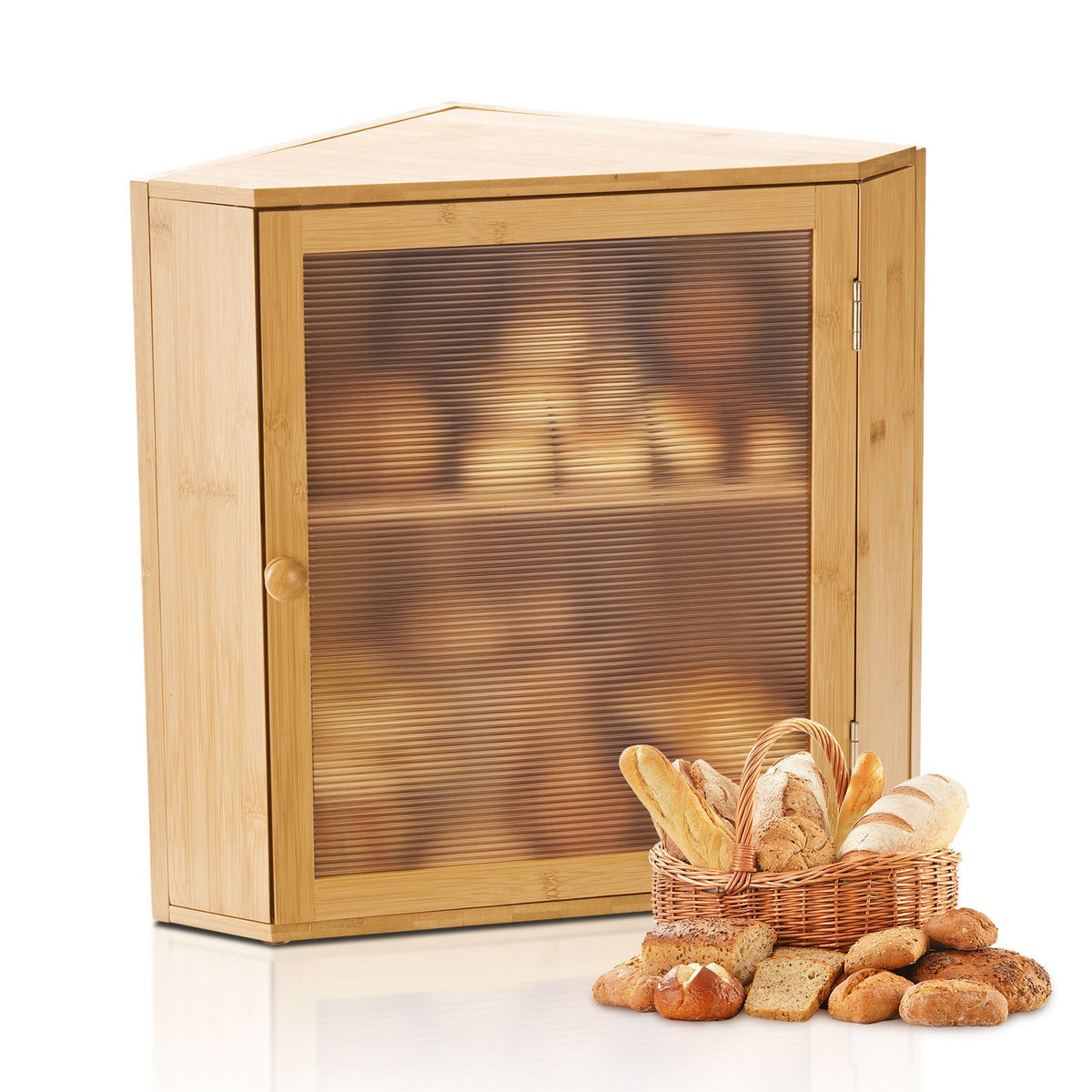 VEVOR Corner Bread Box for Kitchen Counter, Double Layer Large Capacity Bamboo Bread Storage Container, Farmhouse Wooden Breadbox for Homemade Bread, Storage Holder Bin with Acrylic Wavy Door, Natural - CWJLXZMZJXSCGRA5X001V0 - view 1
