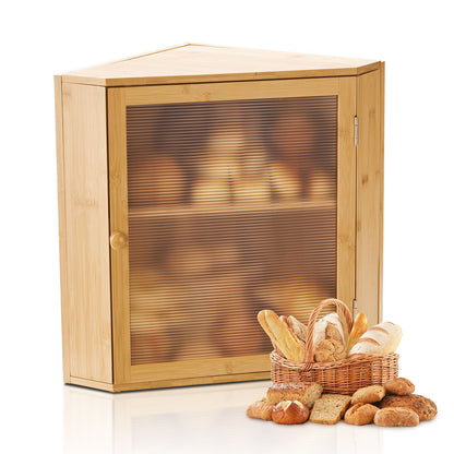 VEVOR Corner Bread Box for Kitchen Counter, Double Layer Large Capacity Bamboo Bread Storage Container, Farmhouse Wooden Breadbox for Homemade Bread, Storage Holder Bin with Acrylic Wavy Door, Natural - CWJLXZMZJXSCGRA5X001V0 - view 1