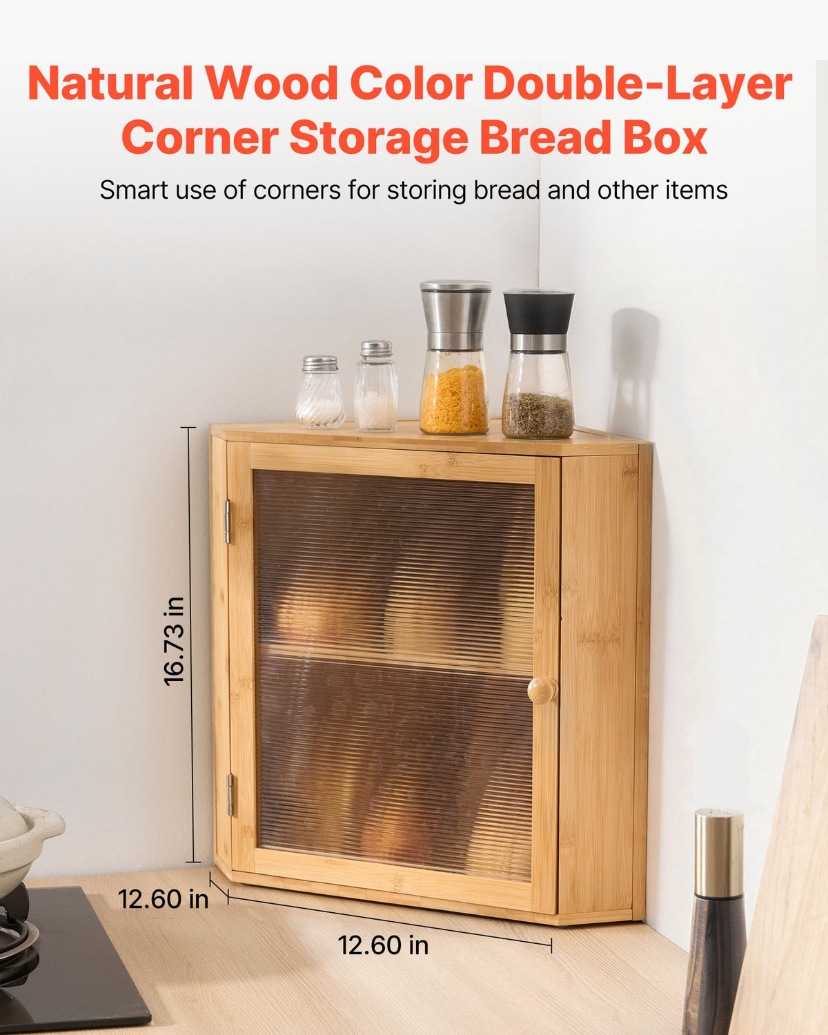 VEVOR Corner Bread Box for Kitchen Counter, Double Layer Large Capacity Bamboo Bread Storage Container, Farmhouse Wooden Breadbox for Homemade Bread, Storage Holder Bin with Acrylic Wavy Door, Natural - CWJLXZMZJXSCGRA5X001V0 - view 3