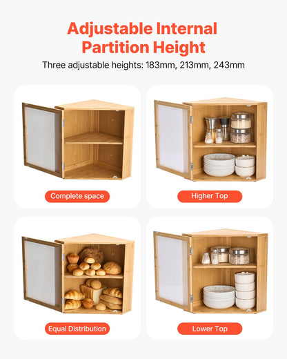 VEVOR Corner Bread Box for Kitchen Counter, Double Layer Large Capacity Bamboo Bread Storage Container, Farmhouse Wooden Breadbox for Homemade Bread, Storage Holder Bin with Acrylic Wavy Door, Natural - CWJLXZMZJXSCGRA5X001V0 - view 4