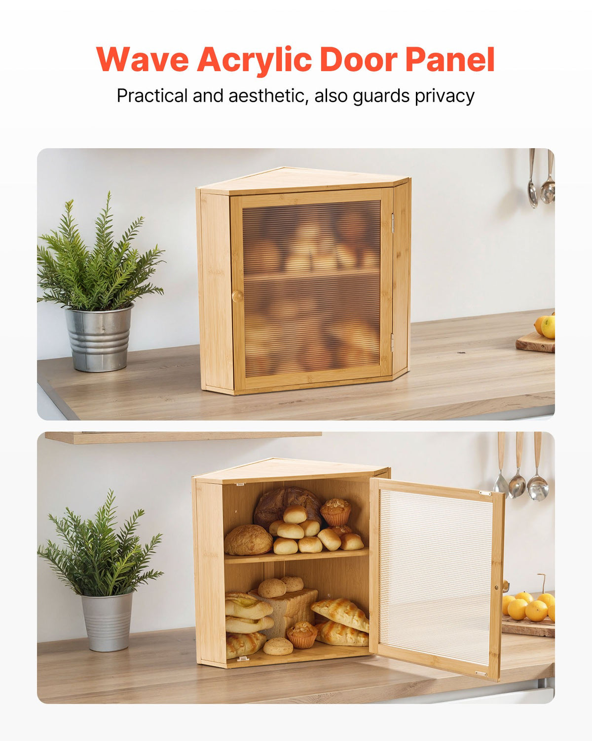 VEVOR Corner Bread Box for Kitchen Counter, Double Layer Large Capacity Bamboo Bread Storage Container, Farmhouse Wooden Breadbox for Homemade Bread, Storage Holder Bin with Acrylic Wavy Door, Natural - CWJLXZMZJXSCGRA5X001V0 - view 6