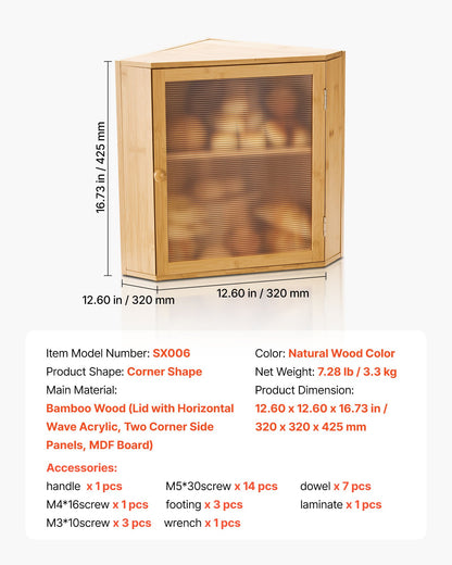 VEVOR Corner Bread Box for Kitchen Counter, Double Layer Large Capacity Bamboo Bread Storage Container, Farmhouse Wooden Breadbox for Homemade Bread, Storage Holder Bin with Acrylic Wavy Door, Natural - CWJLXZMZJXSCGRA5X001V0 - view 8