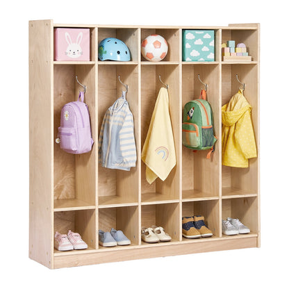 VEVOR Coat Locker, 5-Section Daycare Cubby Coat Rack 48x12x48 inch, Classroom Coat Locker and Backpack Hanger, with 5 Hooks and Storage Boxes, for Kindergarten & School, Natural - CWJWKS48C15G5XVCE001V0 - view 1