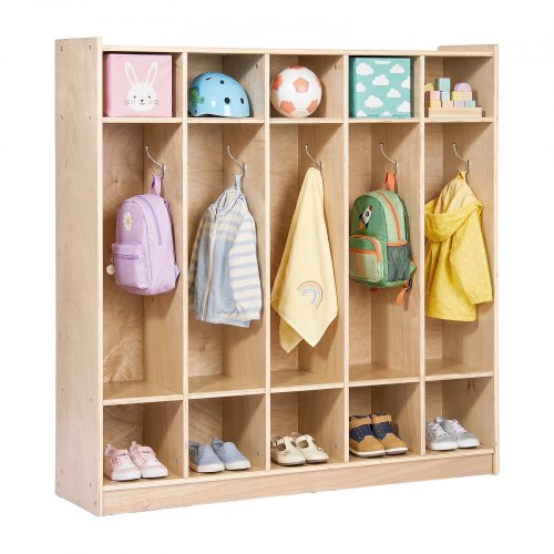 VEVOR Coat Locker, 5-Section Daycare Cubby Coat Rack 48x12x48 inch, Classroom Coat Locker and Backpack Hanger, with 5 Hooks and Storage Boxes, for Kindergarten & School, Natural - CWJWKS48C15G5XVCE001V0 - view 2