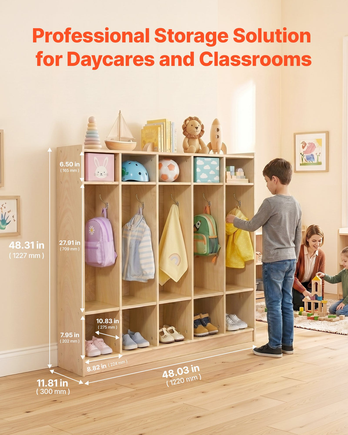 VEVOR Coat Locker, 5-Section Daycare Cubby Coat Rack 48x12x48 inch, Classroom Coat Locker and Backpack Hanger, with 5 Hooks and Storage Boxes, for Kindergarten & School, Natural - CWJWKS48C15G5XVCE001V0 - view 3