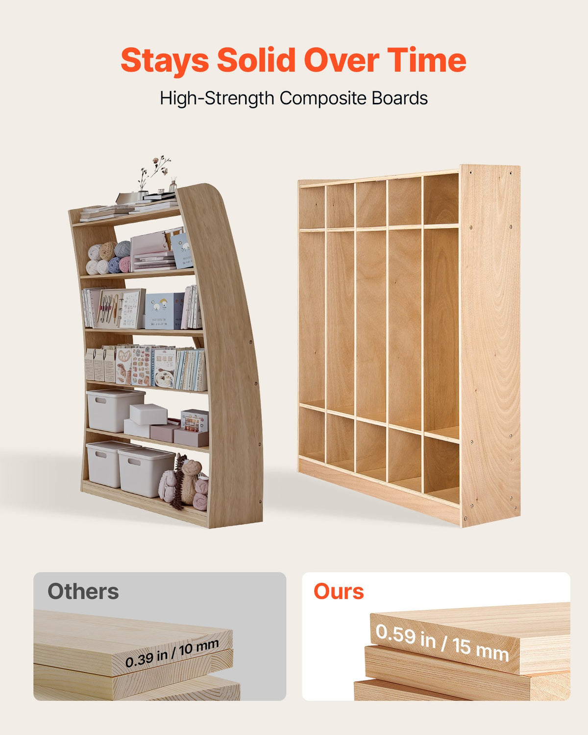 VEVOR Coat Locker, 5-Section Daycare Cubby Coat Rack 48x12x48 inch, Classroom Coat Locker and Backpack Hanger, with 5 Hooks and Storage Boxes, for Kindergarten & School, Natural - CWJWKS48C15G5XVCE001V0 - view 4