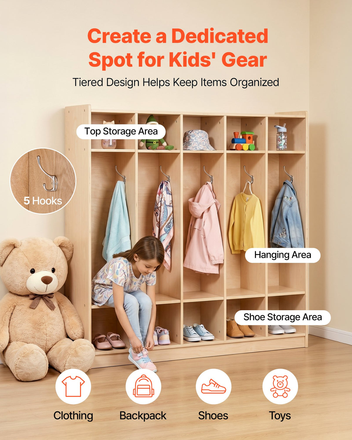 VEVOR Coat Locker, 5-Section Daycare Cubby Coat Rack 48x12x48 inch, Classroom Coat Locker and Backpack Hanger, with 5 Hooks and Storage Boxes, for Kindergarten & School, Natural - CWJWKS48C15G5XVCE001V0 - view 6
