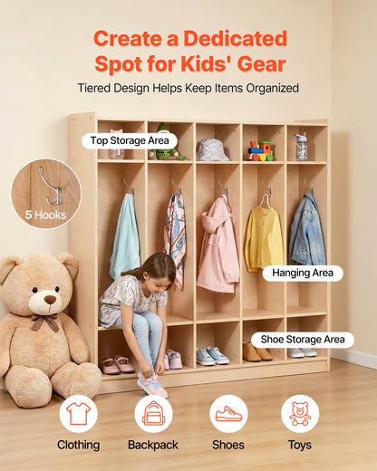 VEVOR Coat Locker, 5-Section Daycare Cubby Coat Rack 48x12x48 inch, Classroom Coat Locker and Backpack Hanger, with 5 Hooks and Storage Boxes, for Kindergarten & School, Natural - CWJWKS48C15G5XVCE001V0 - view 6