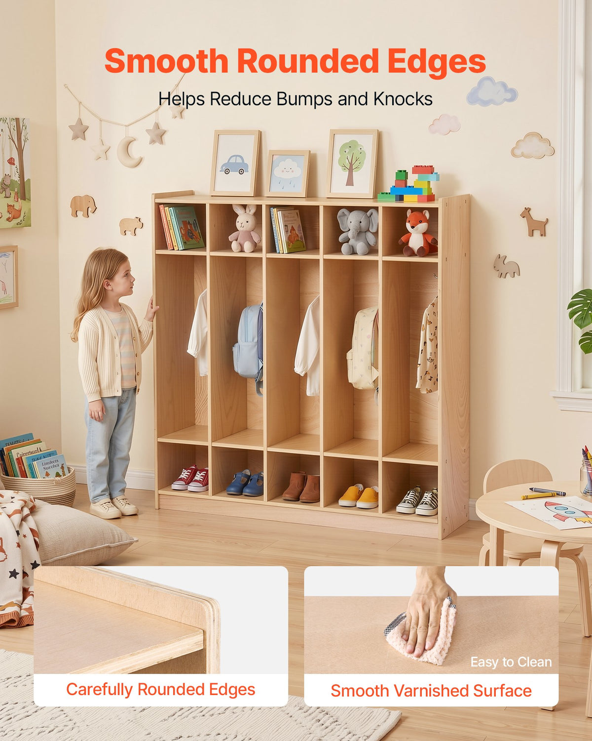 VEVOR Coat Locker, 5-Section Daycare Cubby Coat Rack 48x12x48 inch, Classroom Coat Locker and Backpack Hanger, with 5 Hooks and Storage Boxes, for Kindergarten & School, Natural - CWJWKS48C15G5XVCE001V0 - view 7