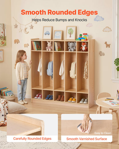 VEVOR Coat Locker, 5-Section Daycare Cubby Coat Rack 48x12x48 inch, Classroom Coat Locker and Backpack Hanger, with 5 Hooks and Storage Boxes, for Kindergarten & School, Natural - CWJWKS48C15G5XVCE001V0 - view 7