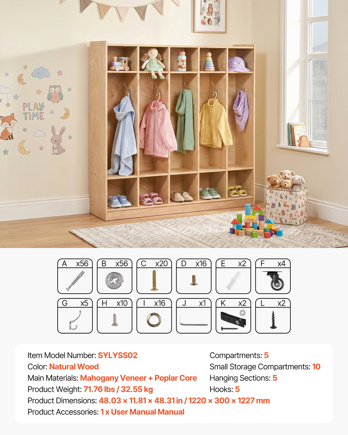 VEVOR Coat Locker, 5-Section Daycare Cubby Coat Rack 48x12x48 inch, Classroom Coat Locker and Backpack Hanger, with 5 Hooks and Storage Boxes, for Kindergarten & School, Natural - CWJWKS48C15G5XVCE001V0 - view 8
