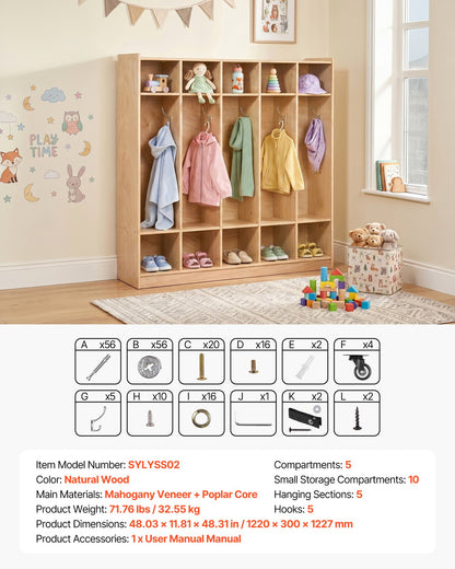 VEVOR Coat Locker, 5-Section Daycare Cubby Coat Rack 48x12x48 inch, Classroom Coat Locker and Backpack Hanger, with 5 Hooks and Storage Boxes, for Kindergarten & School, Natural - CWJWKS48C15G5XVCE001V0 - view 8