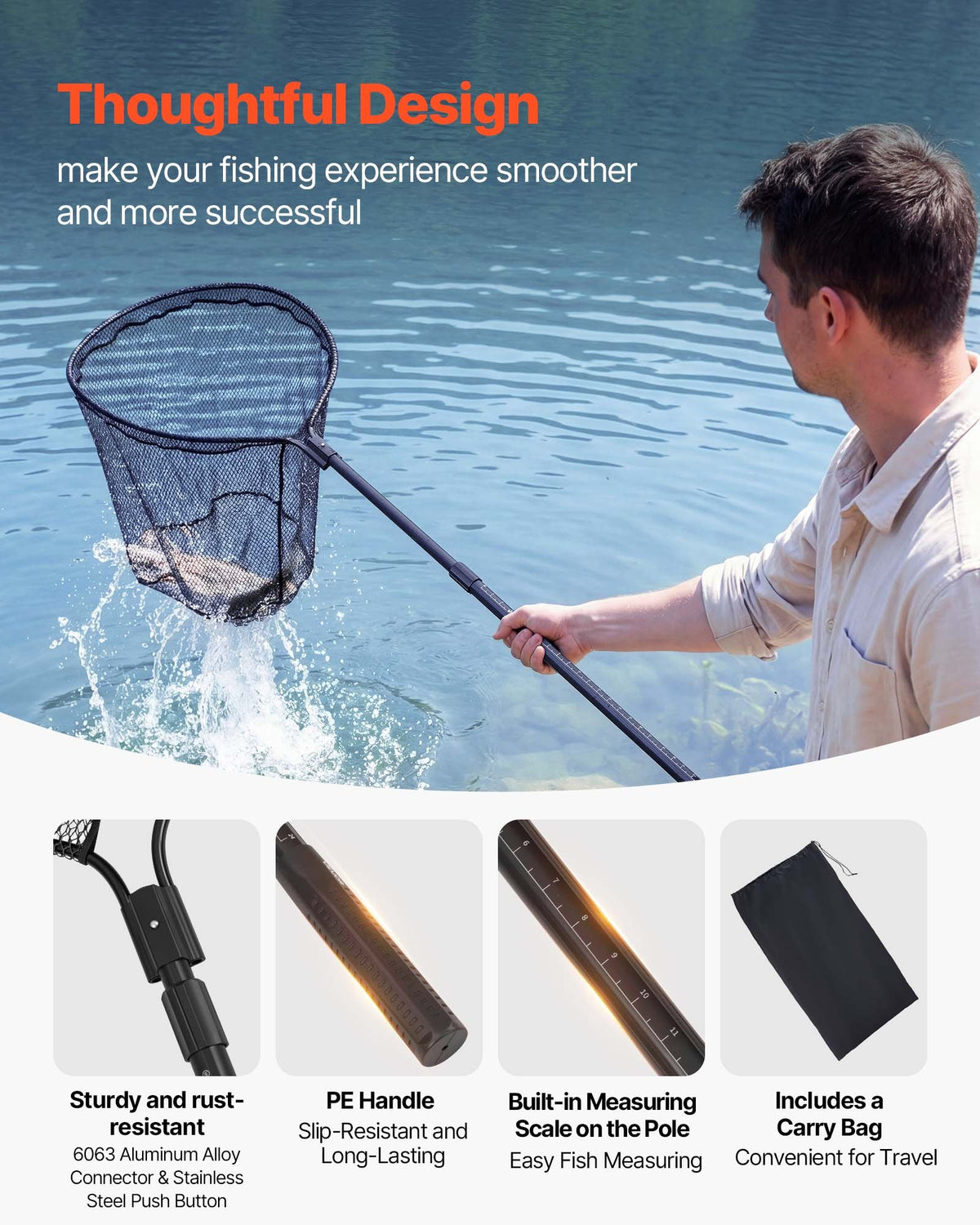 VEVOR Fishing Net, Landing Nets with Telescopic Handle, Portable Lightweight Stronger 6063 Aluminum Fish Gear, Nylon Covered PVC, Durable and Fish-friendly, 26 inch Net Opening for Saltwater Bait Fish - CWLHJPEGJZG0U1SZU001V0 - view 5