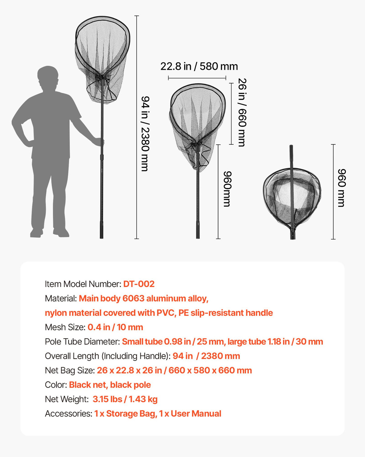 VEVOR Fishing Net, Landing Nets with Telescopic Handle, Portable Lightweight Stronger 6063 Aluminum Fish Gear, Nylon Covered PVC, Durable and Fish-friendly, 26 inch Net Opening for Saltwater Bait Fish - CWLHJPEGJZG0U1SZU001V0 - view 8