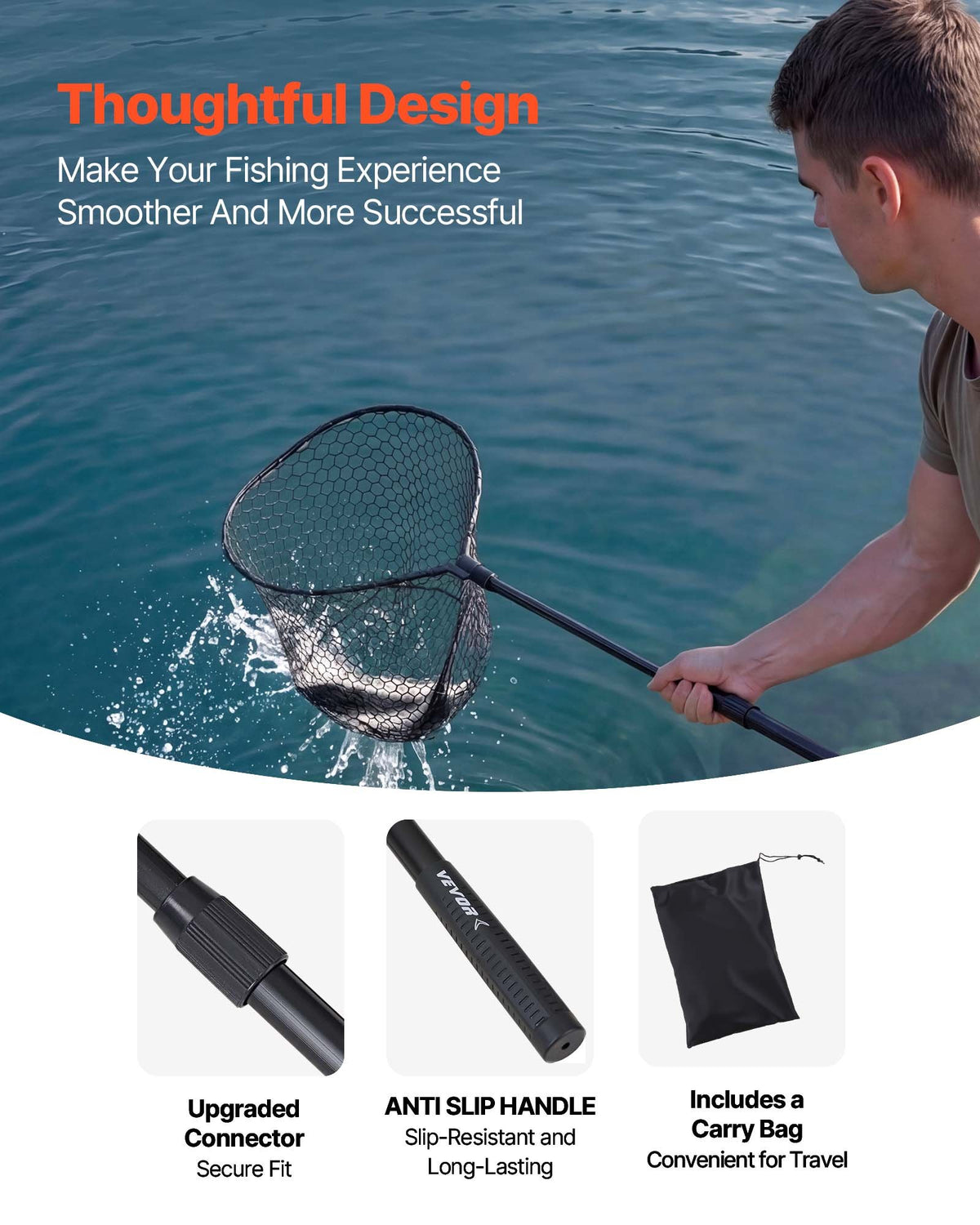 VEVOR Fishing Net, Foldable Landing Nets with Telescopic Handle, Portable Lightweight and Stronger 6063 Aluminum Fish Gear, Soft Silicone Fish-Friendly Mesh, for Kayak, Boat, Bank, Pond, Gifts for Men - CWLHJPVCXJDG8B2JV001V0 - view 5