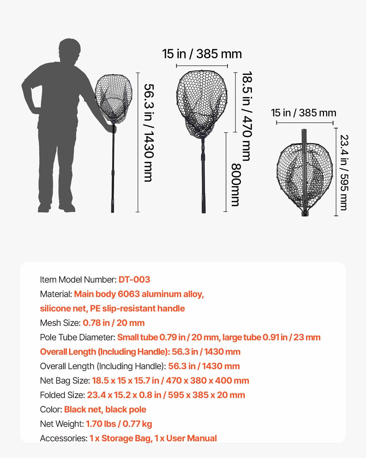 VEVOR Fishing Net, Foldable Landing Nets with Telescopic Handle, Portable Lightweight and Stronger 6063 Aluminum Fish Gear, Soft Silicone Fish-Friendly Mesh, for Kayak, Boat, Bank, Pond, Gifts for Men - CWLHJPVCXJDG8B2JV001V0 - view 8