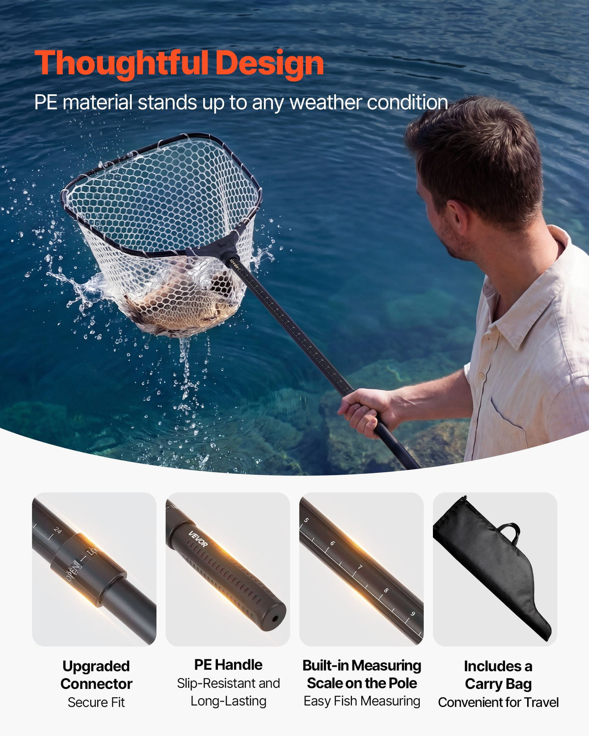 VEVOR Fishing Net, Foldable Landing Nets with Telescopic Handle and Built in Length Scale, Lightweight and Stronger 6063 Aluminum Fish Gear, Soft Silicone Mesh, Holds up to 30 lbs, for Kayak Boat Bank - CWLHJPVCXJZGEGI57001V0 - view 5