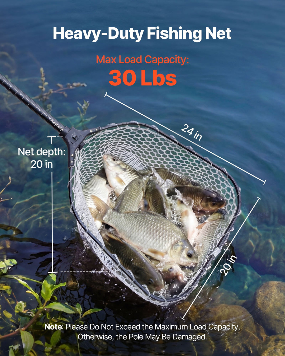 VEVOR Fishing Net, Foldable Landing Nets with Telescopic Handle and Built in Length Scale, Lightweight and Stronger 6063 Aluminum Fish Gear, Soft Silicone Mesh, Holds up to 30 lbs, for Kayak Boat Bank - CWLHJPVCXJZGEGI57001V0 - view 6