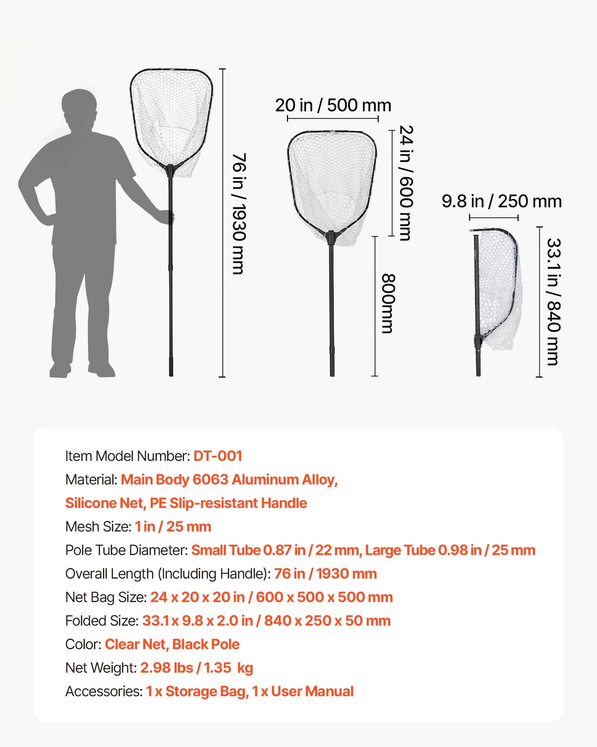VEVOR Fishing Net, Foldable Landing Nets with Telescopic Handle and Built in Length Scale, Lightweight and Stronger 6063 Aluminum Fish Gear, Soft Silicone Mesh, Holds up to 30 lbs, for Kayak Boat Bank - CWLHJPVCXJZGEGI57001V0 - view 8