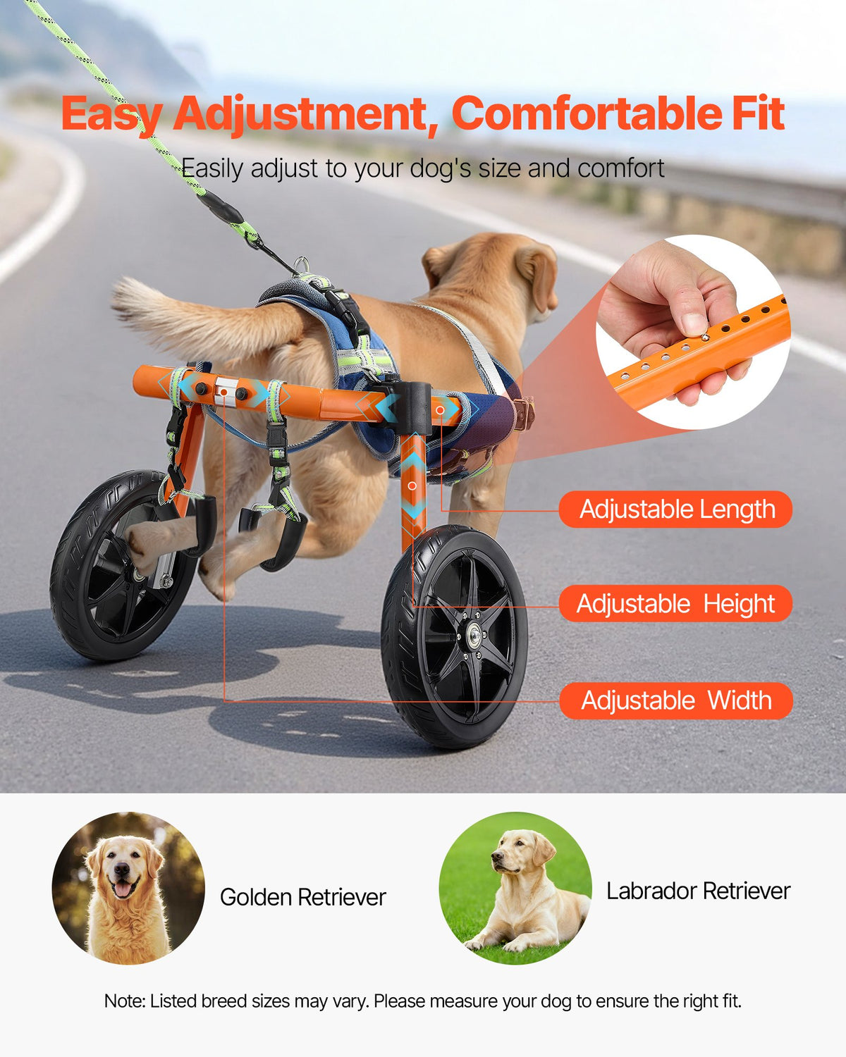 VEVOR Dog Wheelchair for Back Legs, Lightweight 2 Wheels Pet Wheelchair, Height, Width & Length Adjustable, Dog Cart with Shock-Absorbing Wheels, for Injured, Disabled Dogs 35-48 lbs, Medium - CWLYLLSDHLLLEG3Z4001V0 - view 6