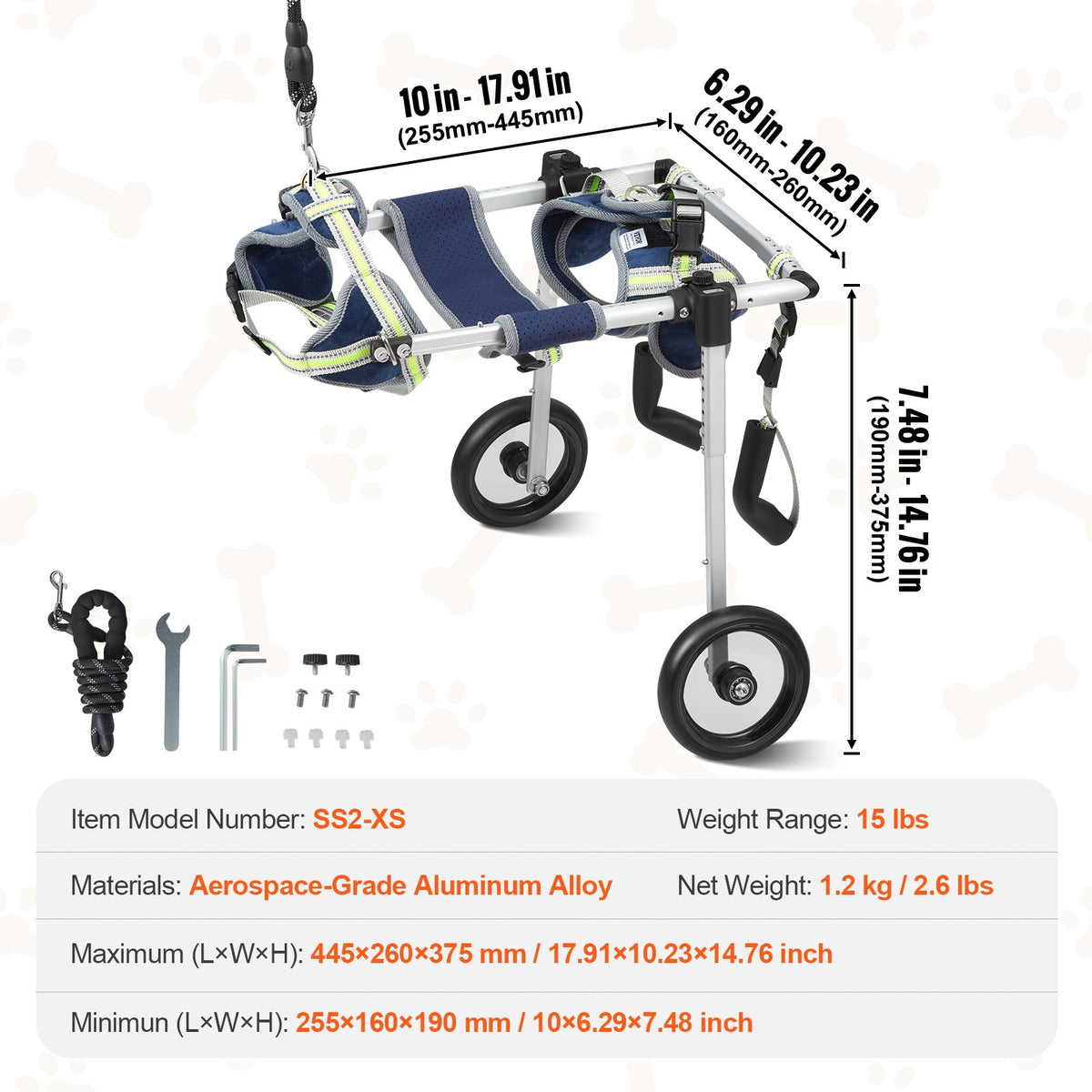 VEVOR 2 Wheels Dog Wheelchair for Back Legs, Pet Wheelchair Lightweight & Adjustable Assisting in Healing,  Dog Cart/Wheelchair for Injured, Disabled, Paralysis, Hind Limb Weak Pet(XS) - CWLYLLSLLSTXPGG1QV0 - view 8