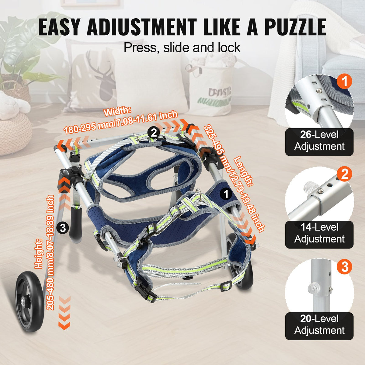 VEVOR 2 Wheels Dog Wheelchair for Back Legs, Pet Wheelchair Lightweight & Adjustable Assisting in Healing,  Dog Cart/Wheelchair for Injured, Disabled, Paralysis, Hind Limb Weak Pet(S) - CWLYLLSLLSXHJR1J3V0 - view 5