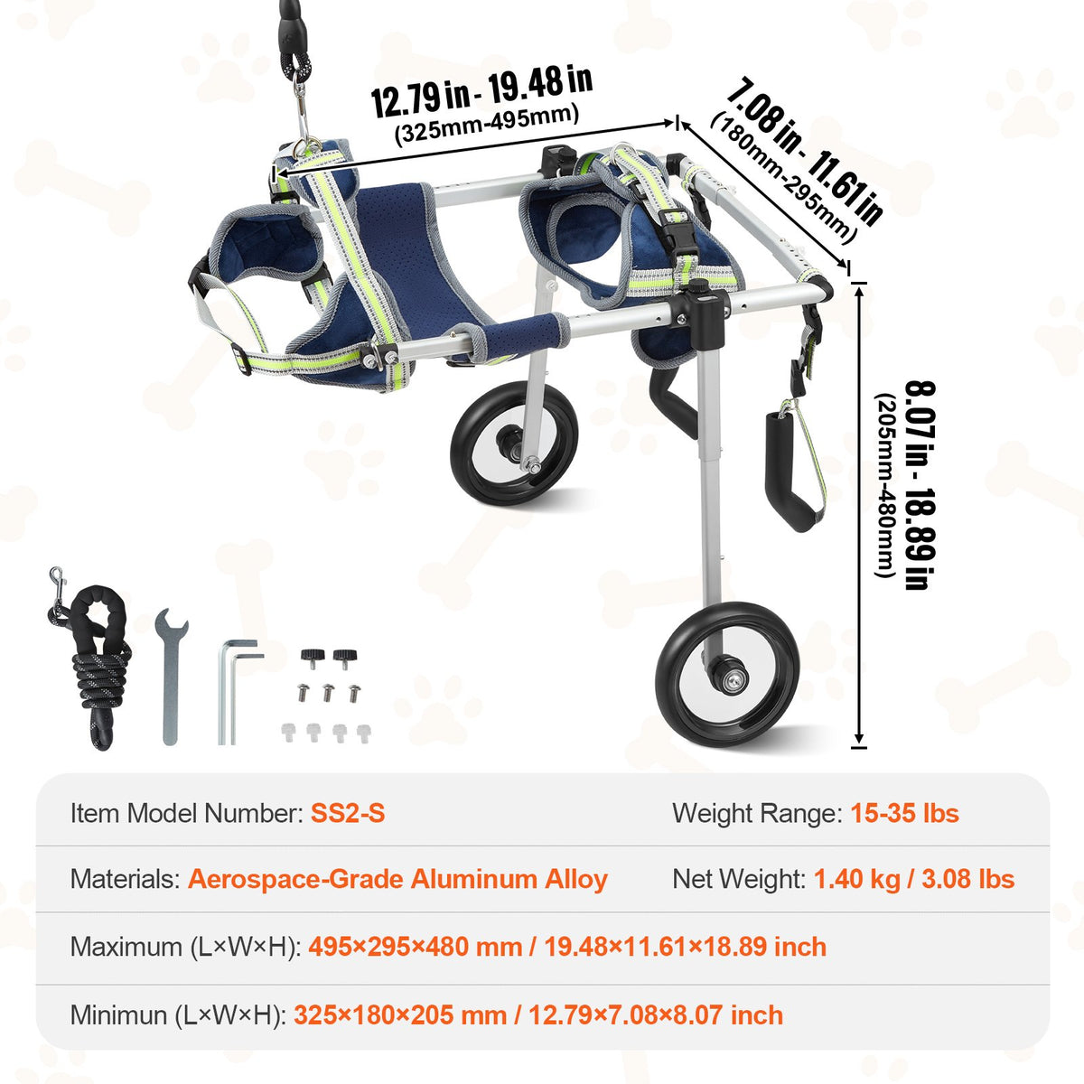 VEVOR 2 Wheels Dog Wheelchair for Back Legs, Pet Wheelchair Lightweight & Adjustable Assisting in Healing,  Dog Cart/Wheelchair for Injured, Disabled, Paralysis, Hind Limb Weak Pet(S) - CWLYLLSLLSXHJR1J3V0 - view 8