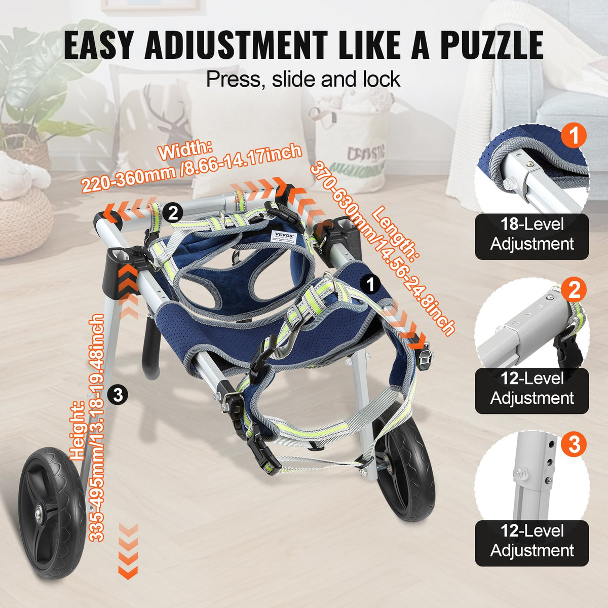 VEVOR 2 Wheels Dog Wheelchair for Back Legs, Pet Wheelchair Lightweight & Adjustable Assisting in Healing,  Dog Cart/Wheelchair for Injured, Disabled, Paralysis, Hind Limb Weak Pet(M) - CWLYLLSLLSZHTMYXJV0 - view 5