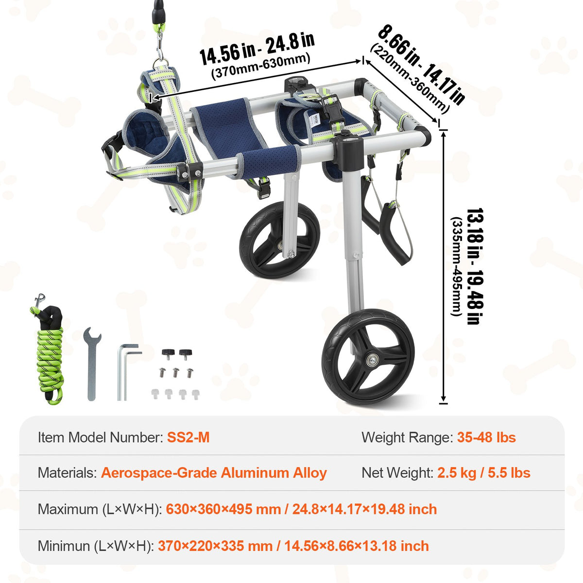 VEVOR 2 Wheels Dog Wheelchair for Back Legs, Pet Wheelchair Lightweight & Adjustable Assisting in Healing,  Dog Cart/Wheelchair for Injured, Disabled, Paralysis, Hind Limb Weak Pet(M) - CWLYLLSLLSZHTMYXJV0 - view 8