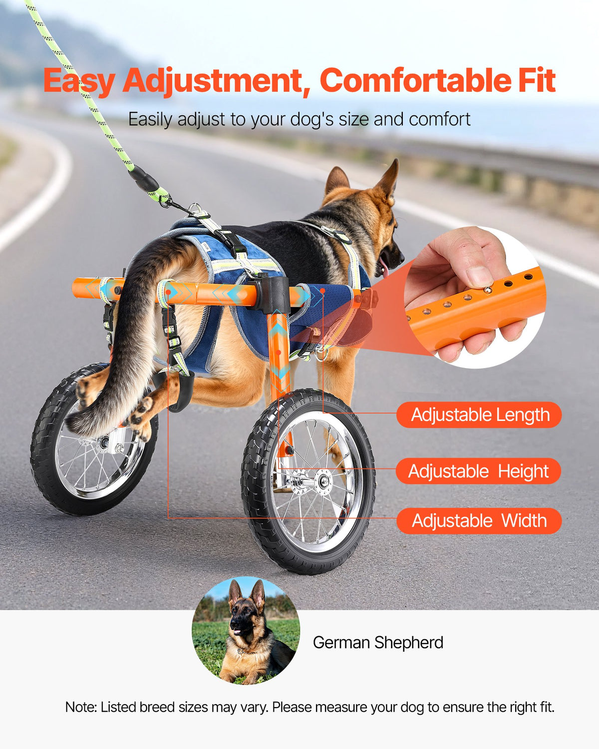 VEVOR Dog Wheelchair for Back Legs, Lightweight 2 Wheels Pet Wheelchair, Height, Width & Length Adjustable, Dog Cart with Shock-Absorbing Wheels, for Injured, Disabled Dogs 48-88 lbs, Large - CWLYLLSTDHXL2W9B4001V0 - view 6