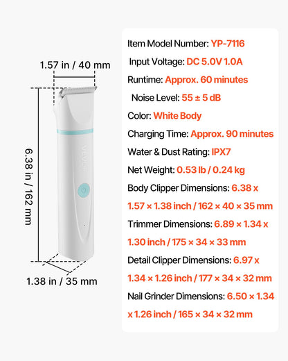 VEVOR Dog Clippers for Grooming, 4 in 1 Dog Grooming Kit, Low Noise, Rechargeable Pet Shaver with 6 Combs & 4 Detachable Blades, Waterproof Cordless Pet Hair Trimmers Nail Grinder Set for Dogs Cats - CWSHYTMQ4GDTOGXZ1001V9 - view 8