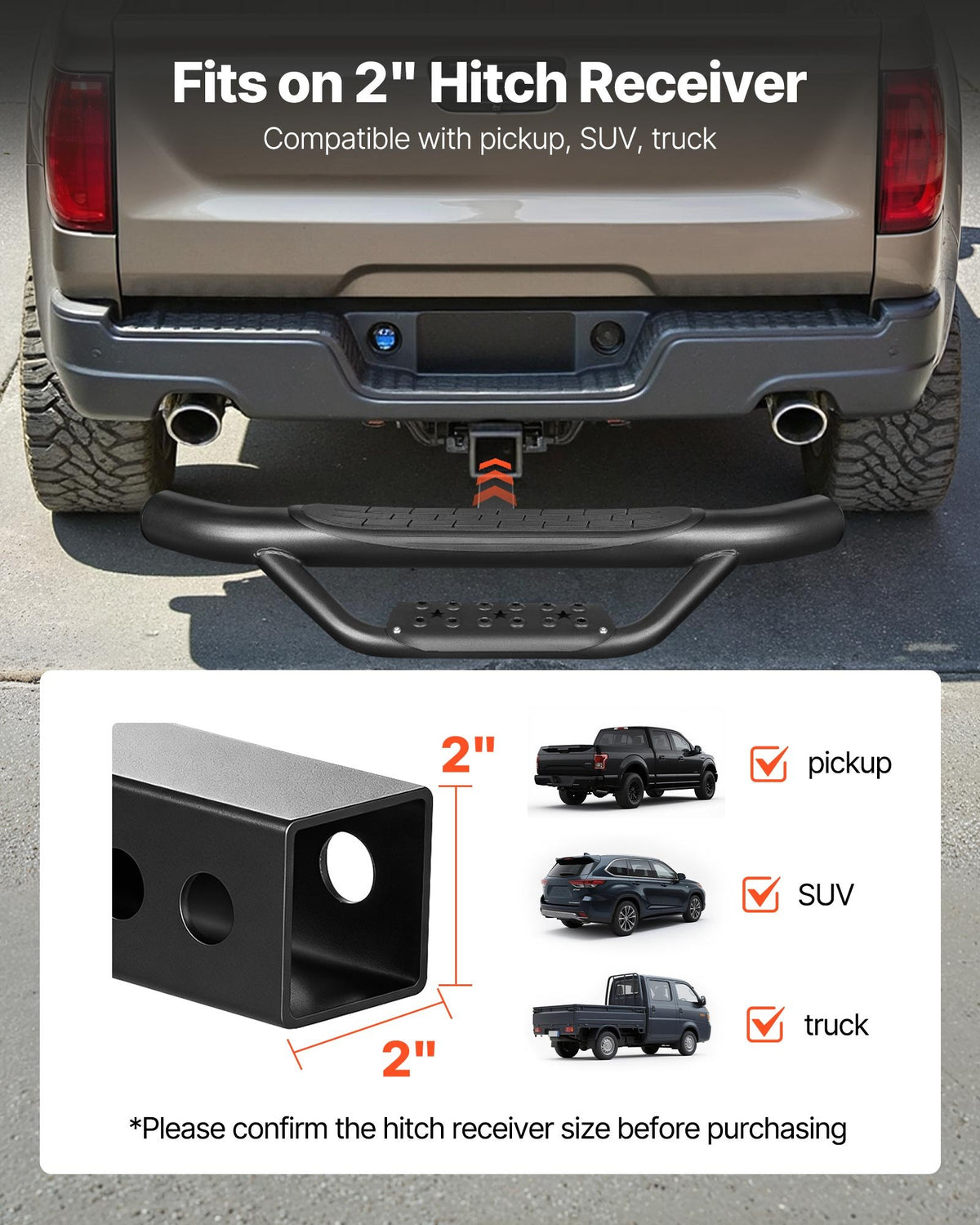 VEVOR Hitch Step for 2 Inch Receiver, Universal Rear Bumper Guard Protector with 350 LBS Load Capacity, Strong Mild Steel Construction with Pin Kit and Stabilizer, Fit for Truck, SUV, Pickup, Trailer - CWTBGSCYGZK2YJ3ON001V0 - view 3