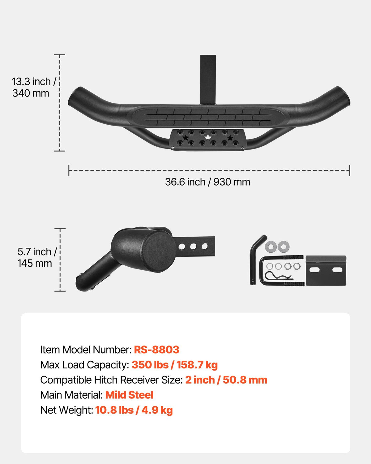 VEVOR Hitch Step for 2 Inch Receiver, Universal Rear Bumper Guard Protector with 350 LBS Load Capacity, Strong Mild Steel Construction with Pin Kit and Stabilizer, Fit for Truck, SUV, Pickup, Trailer - CWTBGSCYGZK2YJ3ON001V0 - view 8