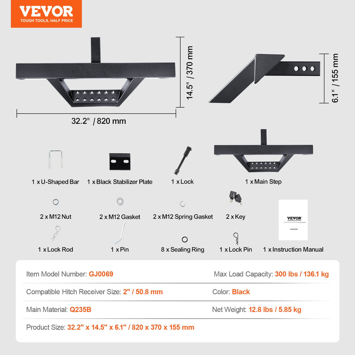 VEVOR Hitch Step for 2 Inch Receiver, Strong Steel Construction with 300 LBS Load Capacity, Rear Bumper Guard Protector with Pin Lock and Stabilizer, Universal Fit for Truck, SUV, Pickup, Trailer - CWTBGSCYXGZKV34OCV0 - view 8