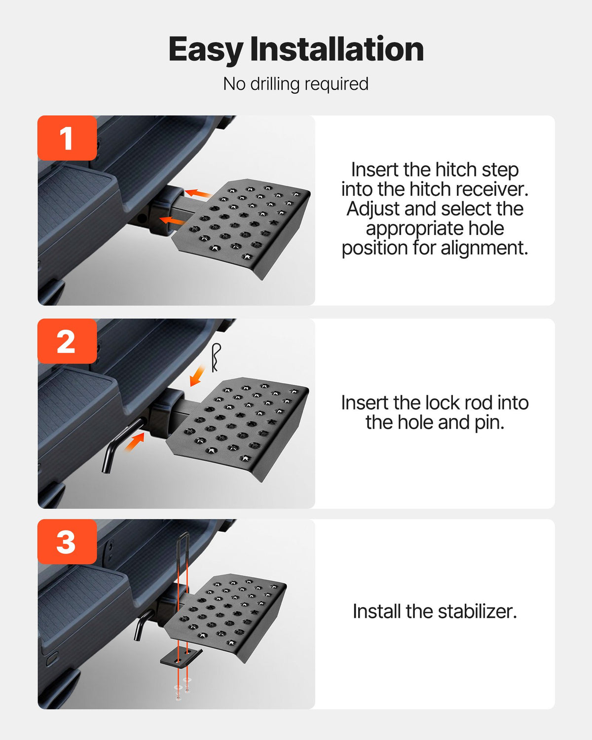 VEVOR Hitch Step for 2 Inch Receiver, Universal Rear Bumper Guard Protector with 350 LBS Load Capacity, Wide & Non-Slip Tow Hitch Step with Pin Kit and Stabilizer, Fit for Truck, SUV, Pickup, Trailer - CWTBGTXZK200UM0Q9001V0 - view 7