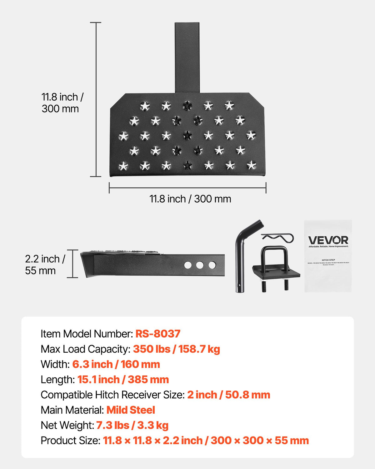 VEVOR Hitch Step for 2 Inch Receiver, Universal Rear Bumper Guard Protector with 350 LBS Load Capacity, Wide & Non-Slip Tow Hitch Step with Pin Kit and Stabilizer, Fit for Truck, SUV, Pickup, Trailer - CWTBGTXZK200UM0Q9001V0 - view 8