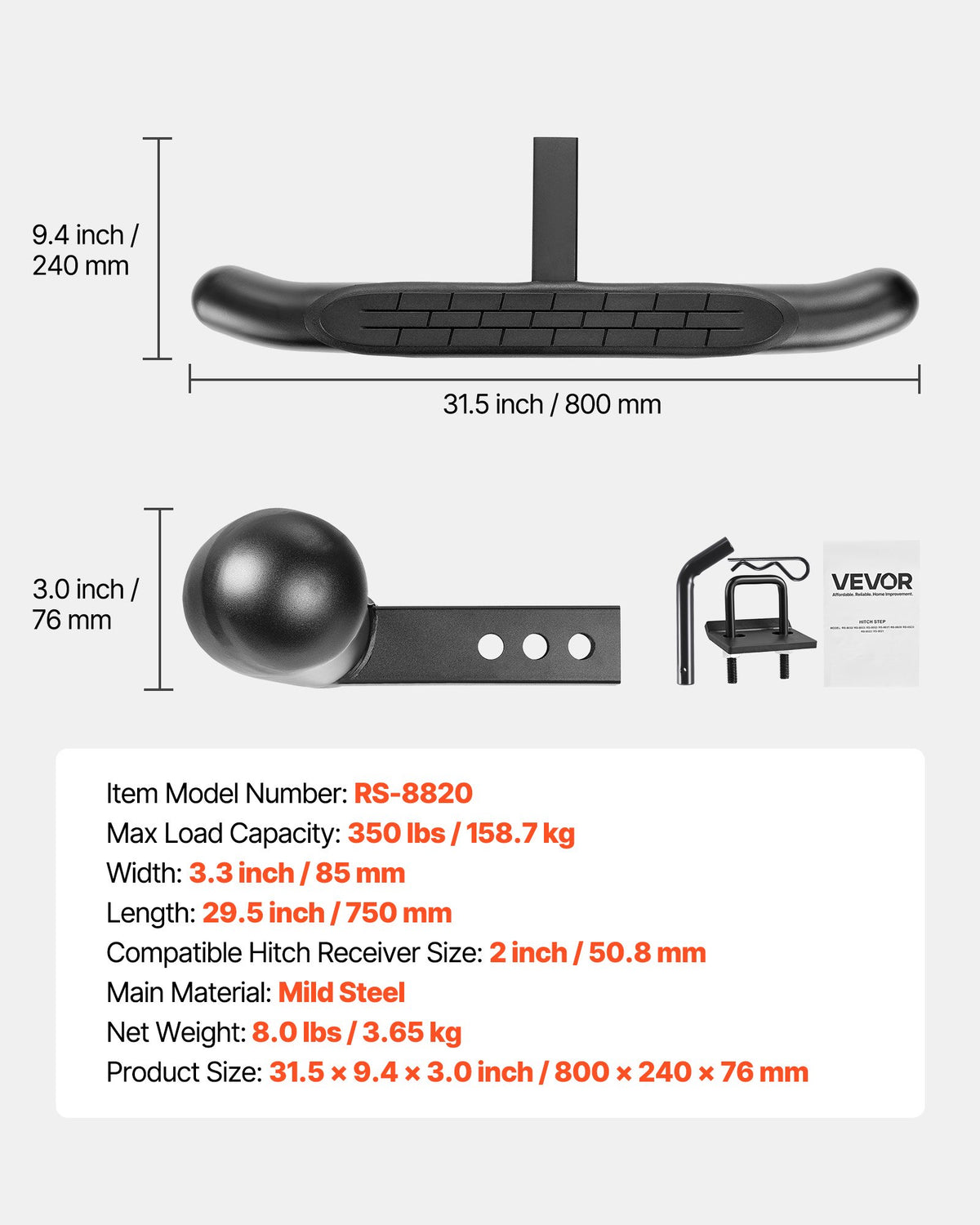 VEVOR Hitch Step for 2 Inch Receiver, Universal Rear Bumper Guard Protector with 350 LBS Load Capacity, Non-Slip Tow Hitch Step with Pin Kit and Stabilizer, Fit for Truck, SUV, Pickup, Trailer - CWTBGWGXCZK2M970G001V0 - view 8