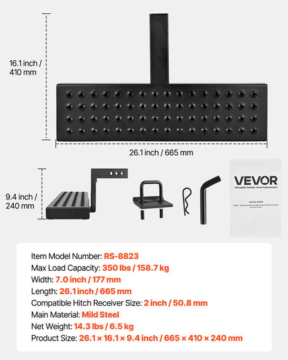 VEVOR Hitch Step for 2 Inch Receiver, Universal Rear Bumper Guard Protector with 350 LBS Load Capacity, Wide & Non-Slip Tow Hitch Step with Pin Kit and Stabilizer, Fit for Pickup, Trailer, Truck, SUV - CWTBGXGXZK20BGSLJ001V0 - view 8